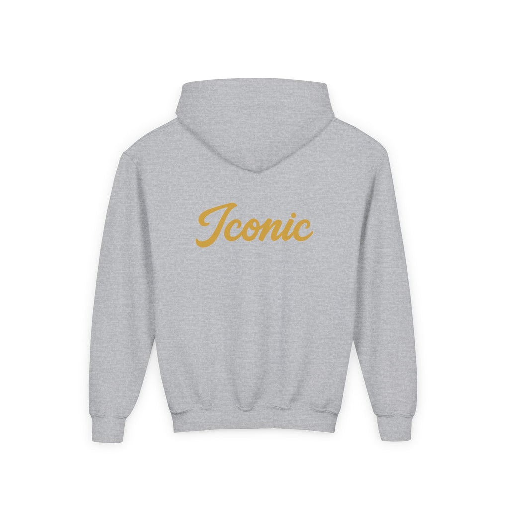 Back · Sport Grey · Youth Hoodie - Pink Satin Bow Front with "Iconic" Gold Script Back