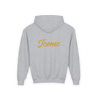 Back · Sport Grey · Youth Hoodie - Pink Satin Bow Front with "Iconic" Gold Script Back
