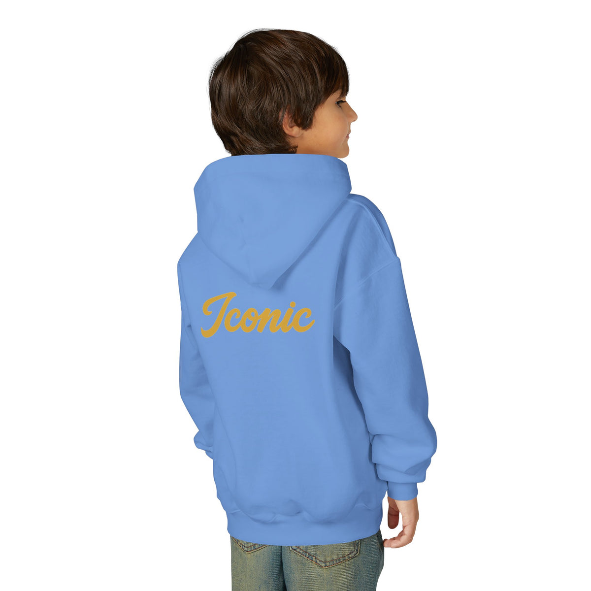 Back on model · Carolina Blue · Youth Hoodie - Pink Satin Bow Front with "Iconic" Gold Script Back