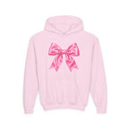 Front · Light Pink · Youth Hoodie - Pink Satin Bow Front with "Iconic" Gold Script Back