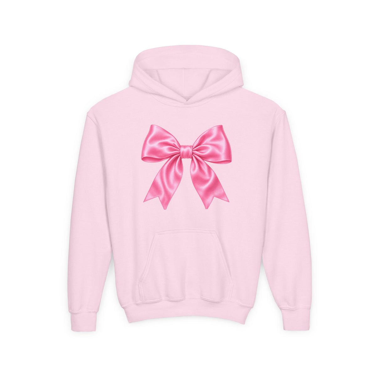Front · Light Pink · Youth Hoodie - Pink Satin Bow Front with "Iconic" Gold Script Back