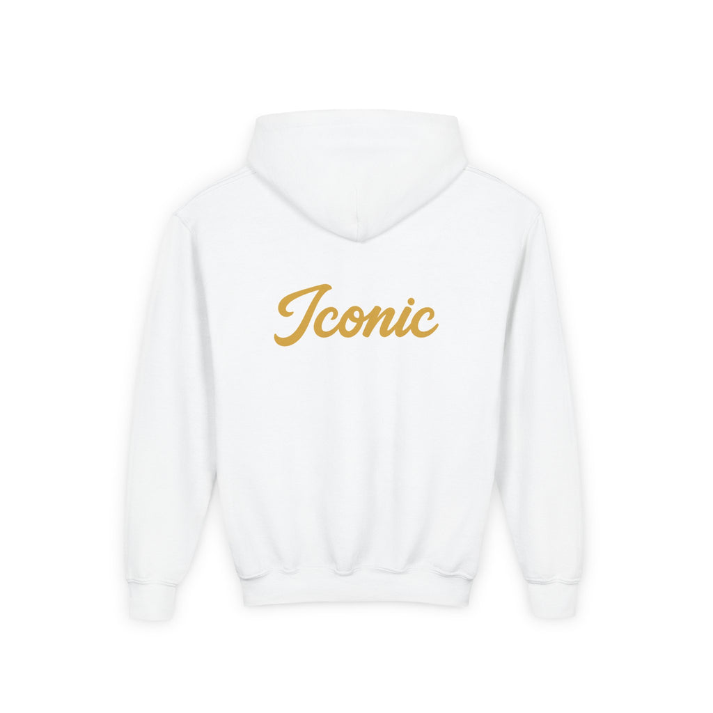 Back · White · Youth Hoodie - Pink Satin Bow Front with "Iconic" Gold Script Back