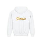 Back · White · Youth Hoodie - Pink Satin Bow Front with "Iconic" Gold Script Back