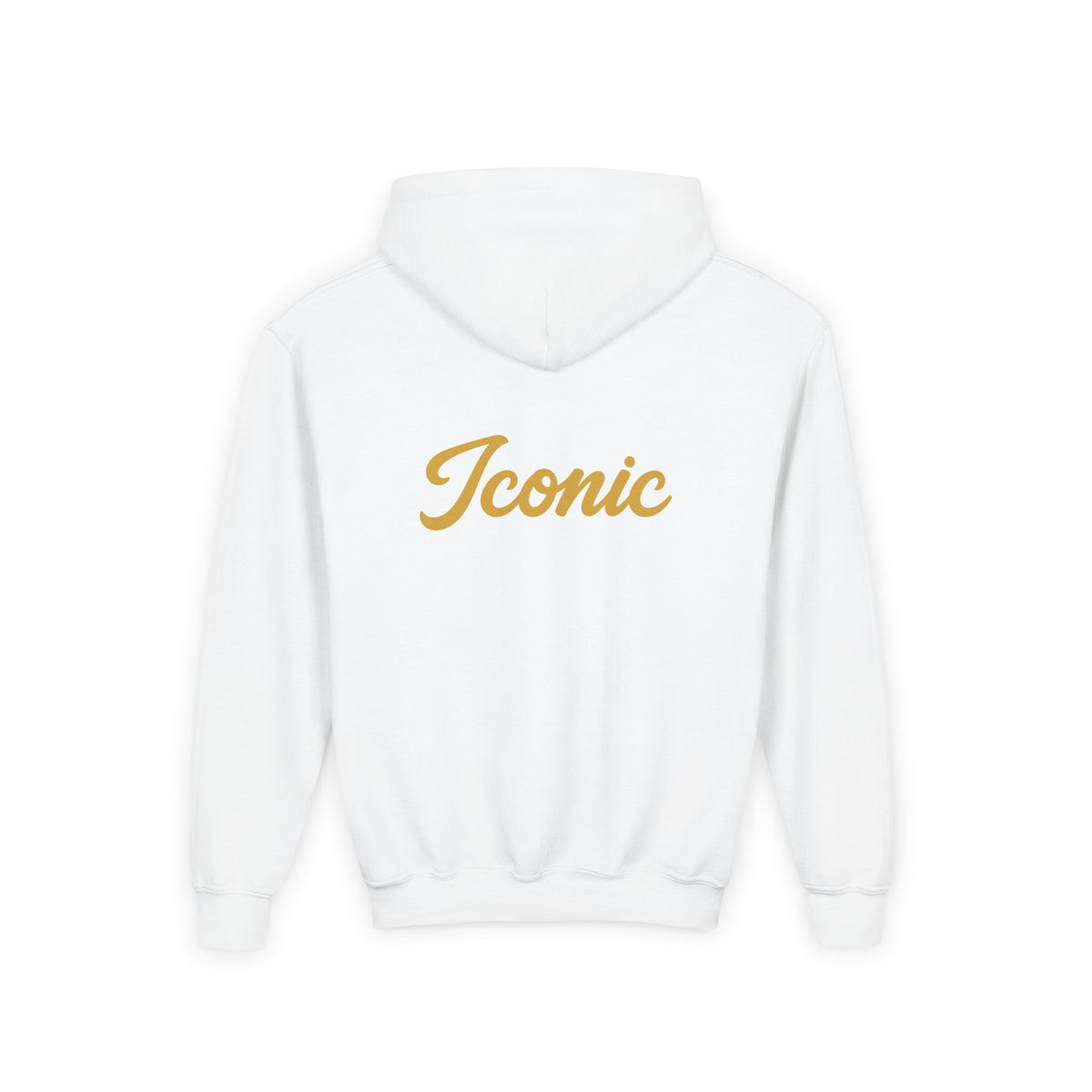 Back · White · Youth Hoodie - Pink Satin Bow Front with "Iconic" Gold Script Back