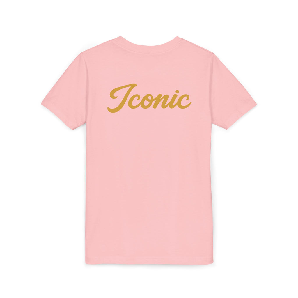 Back · Pink · Iconic Script Tee | 'slay' chest text, 'Iconic' back design, youth t-shirt