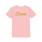 Back · Pink · Iconic Script Tee | 'slay' chest text, 'Iconic' back design, youth t-shirt