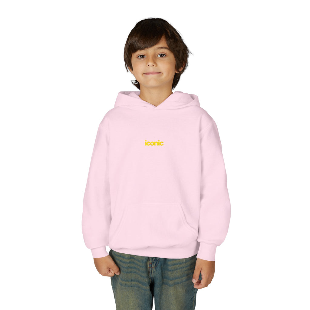 Front on model · Light Pink · Youth Heavy Blend Hooded Sweatshirt
