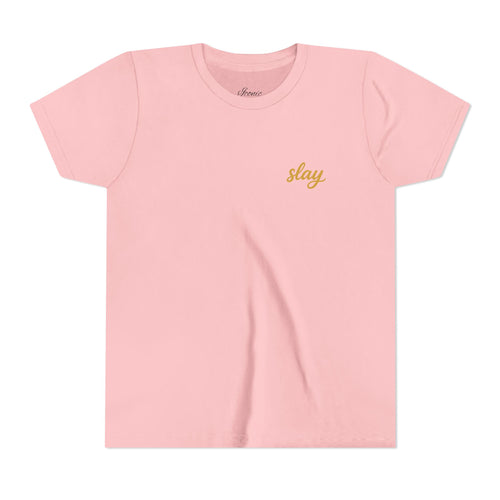 Front · Pink · Iconic Script Tee | 'slay' chest text, 'Iconic' back design, youth t-shirt