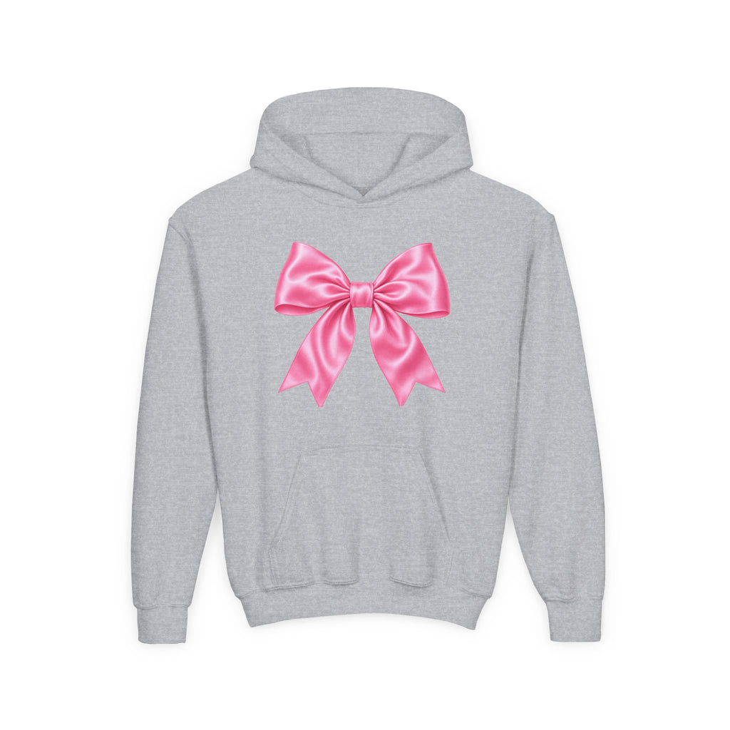 Front · Sport Grey · Youth Hoodie - Pink Satin Bow Front with "Iconic" Gold Script Back