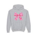 Front · Sport Grey · Youth Hoodie - Pink Satin Bow Front with "Iconic" Gold Script Back