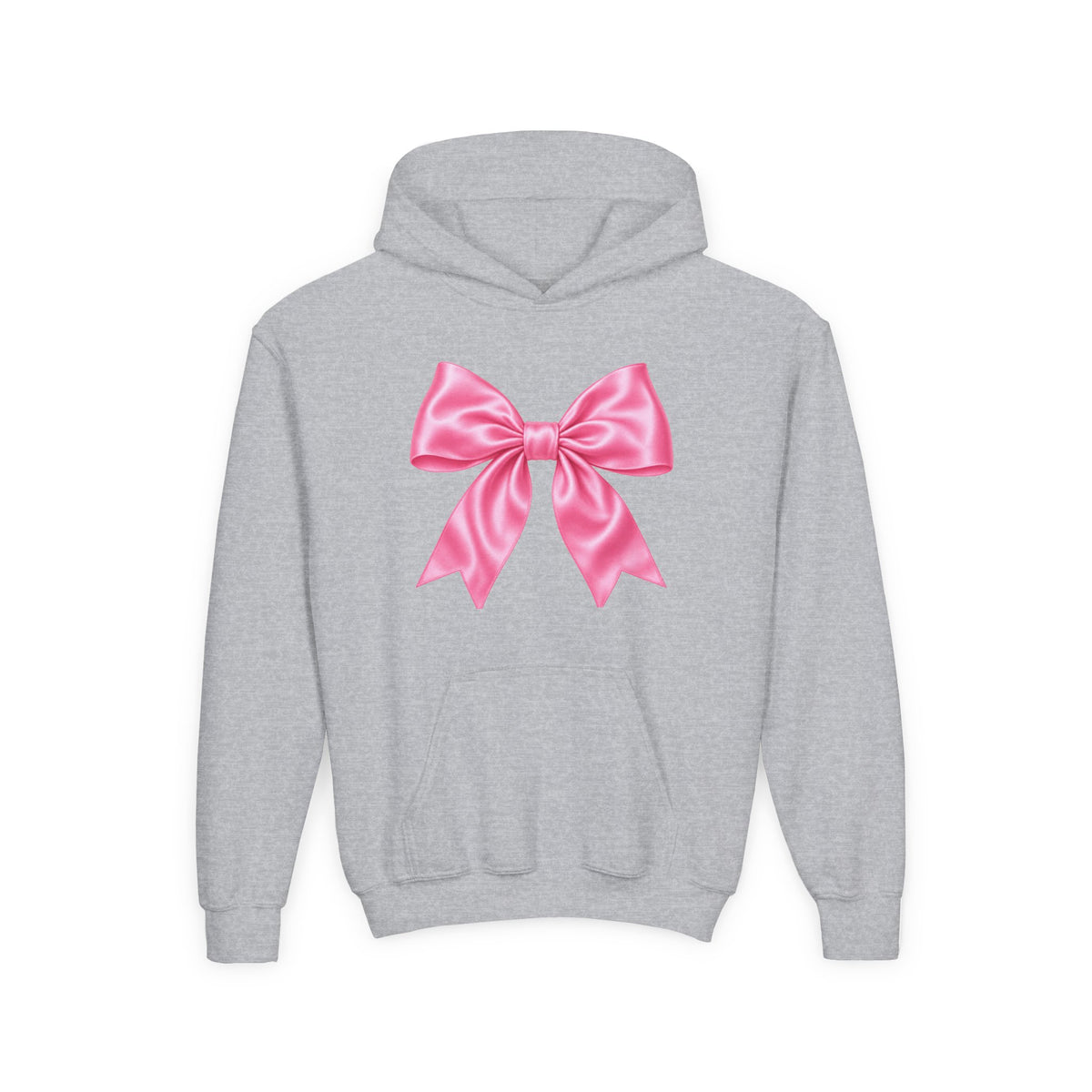 Front · Sport Grey · Youth Hoodie - Pink Satin Bow Front with "Iconic" Gold Script Back