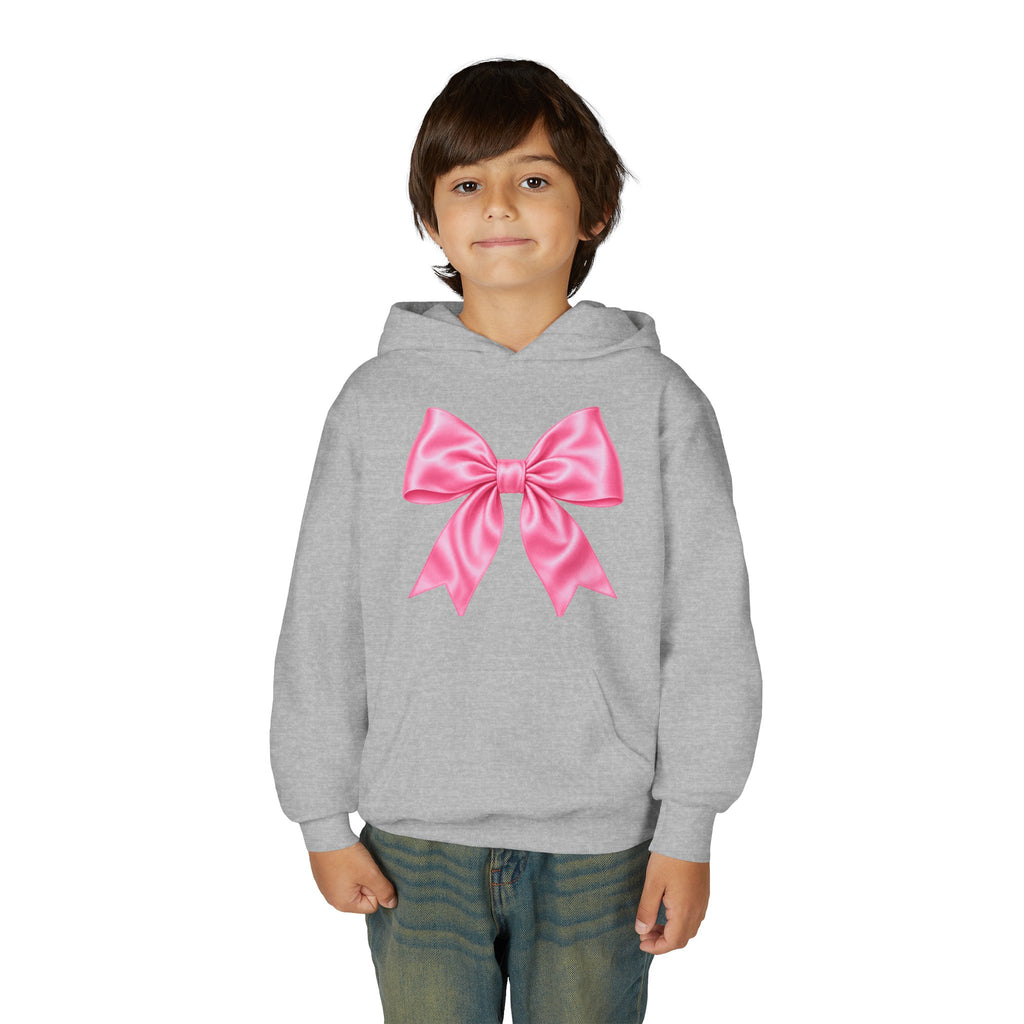 Front on model · Sport Grey · Youth Hoodie - Pink Satin Bow Front with "Iconic" Gold Script Back