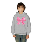 Front on model · Sport Grey · Youth Hoodie - Pink Satin Bow Front with "Iconic" Gold Script Back