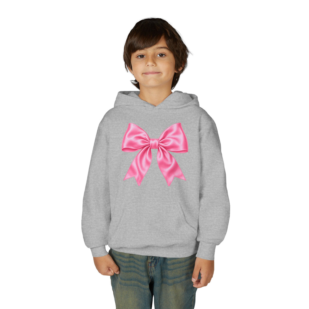 Front on model · Sport Grey · Youth Hoodie - Pink Satin Bow Front with "Iconic" Gold Script Back