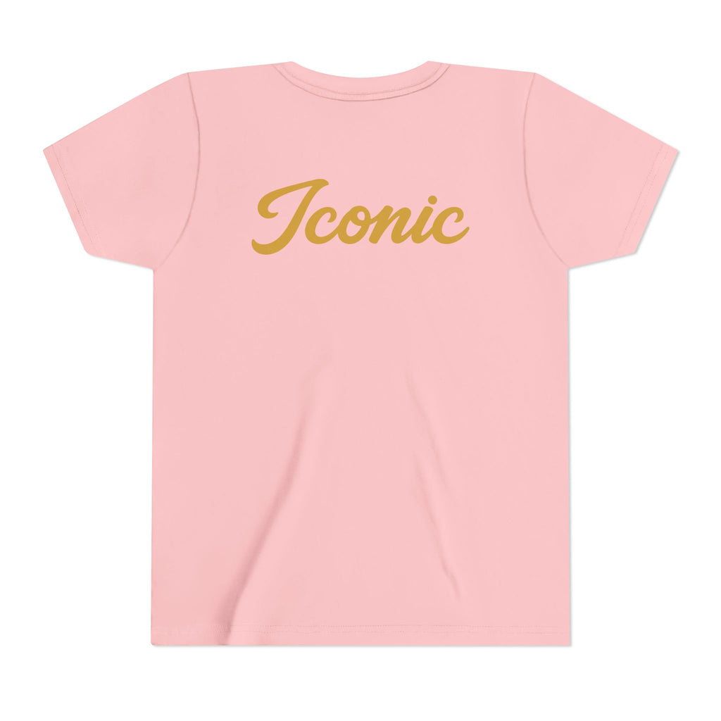 Back · Pink · Iconic Script Tee | 'slay' chest text, 'Iconic' back design, youth t-shirt