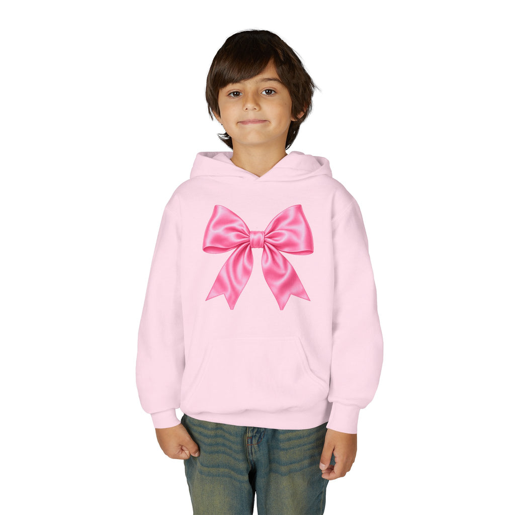 Front on model · Light Pink · Youth Hoodie - Pink Satin Bow Front with "Iconic" Gold Script Back