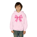 Front on model · Light Pink · Youth Hoodie - Pink Satin Bow Front with "Iconic" Gold Script Back