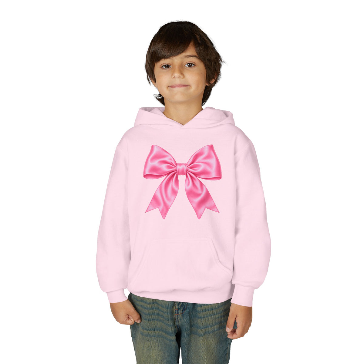 Front on model · Light Pink · Youth Hoodie - Pink Satin Bow Front with "Iconic" Gold Script Back