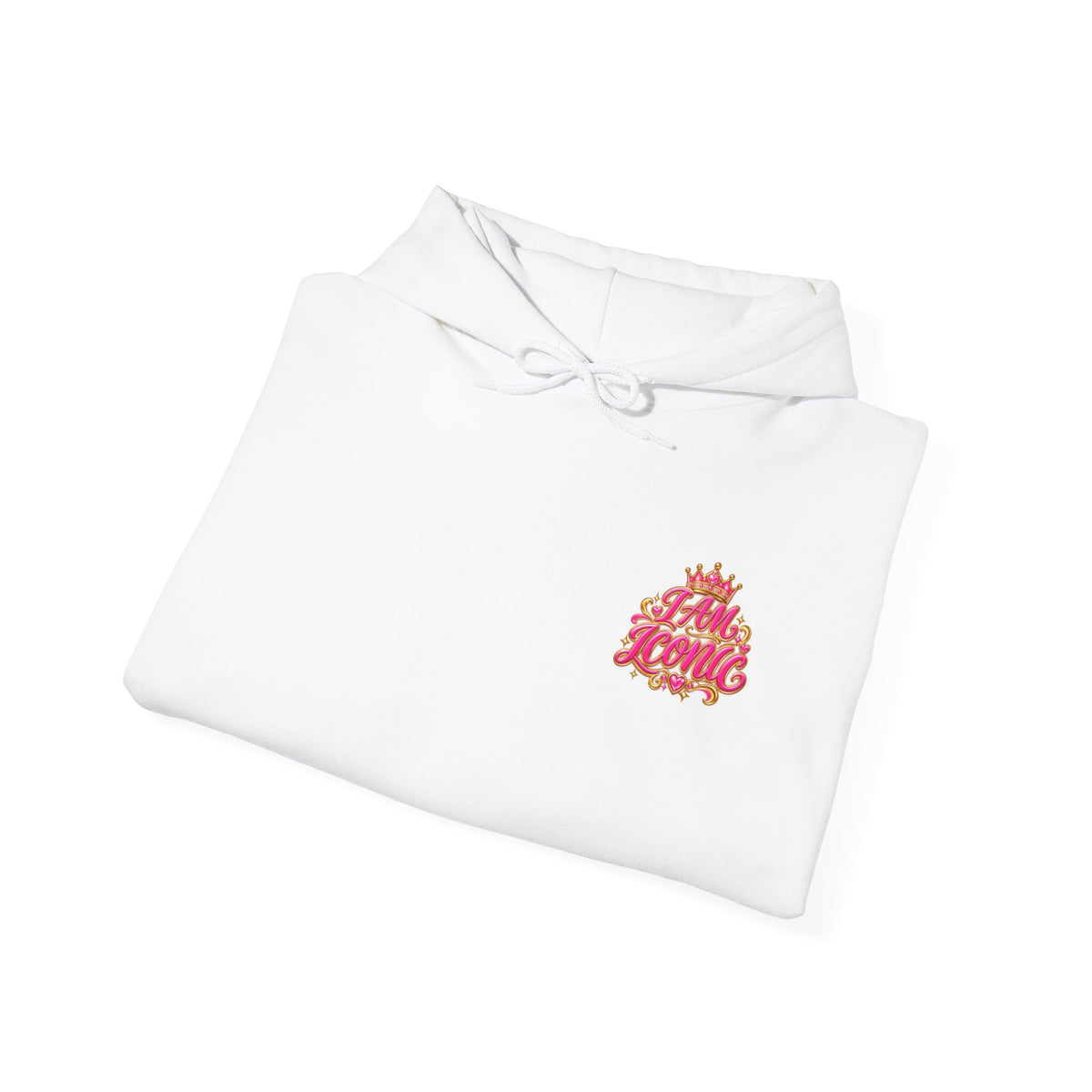 Front detail · White · I AM ICONIC Pink & Gold Right-Chest Hoodie