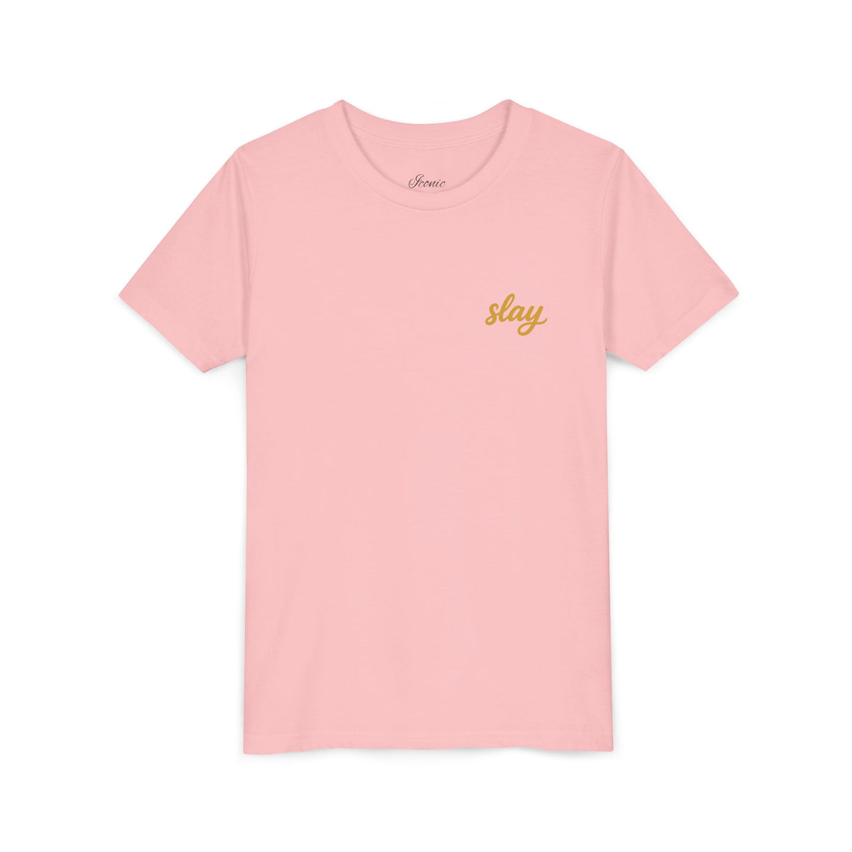 Front · Pink · Iconic Script Tee | 'slay' chest text, 'Iconic' back design, youth t-shirt