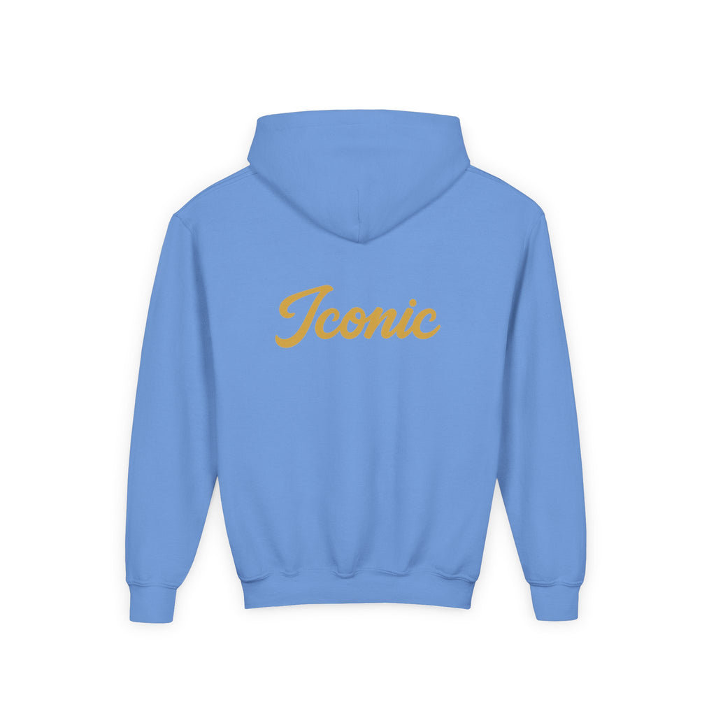 Back · Carolina Blue · Youth Hoodie - Pink Satin Bow Front with "Iconic" Gold Script Back