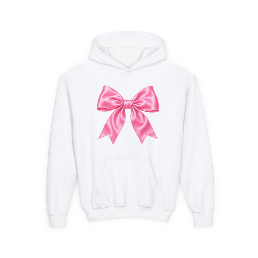 Front · White · Youth Hoodie - Pink Satin Bow Front with "Iconic" Gold Script Back