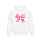 Front · White · Youth Hoodie - Pink Satin Bow Front with "Iconic" Gold Script Back