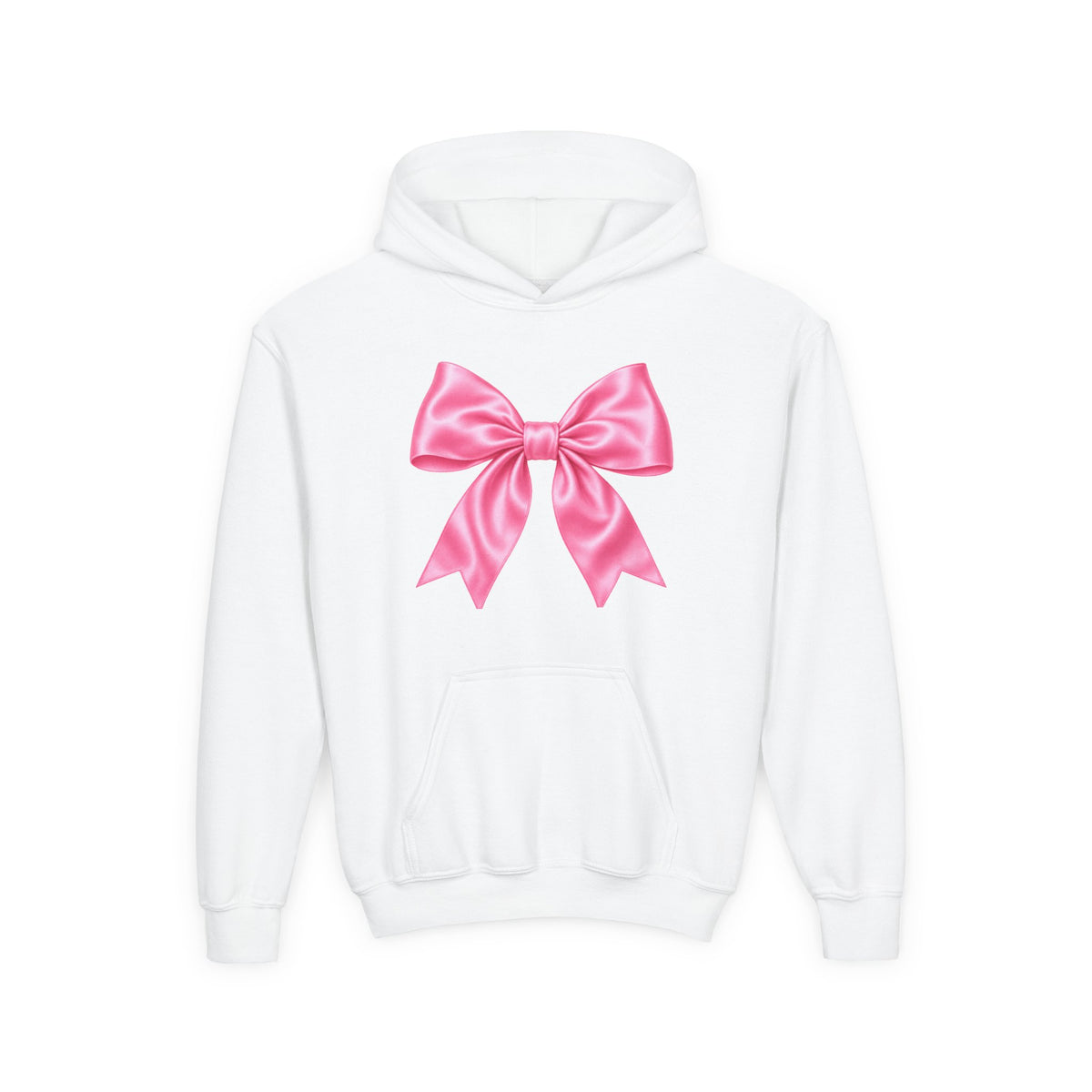 Front · White · Youth Hoodie - Pink Satin Bow Front with "Iconic" Gold Script Back