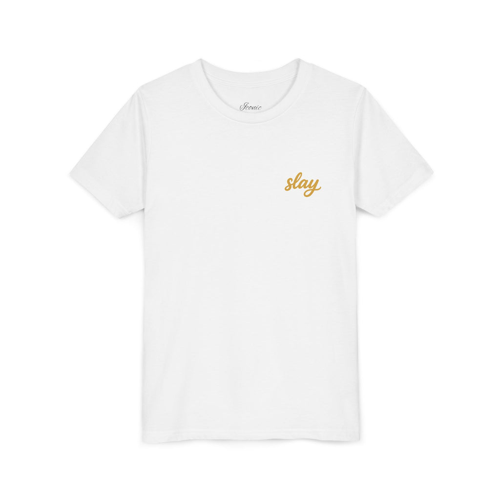 Front · White · Iconic Script Tee | 'slay' chest text, 'Iconic' back design, youth t-shirt