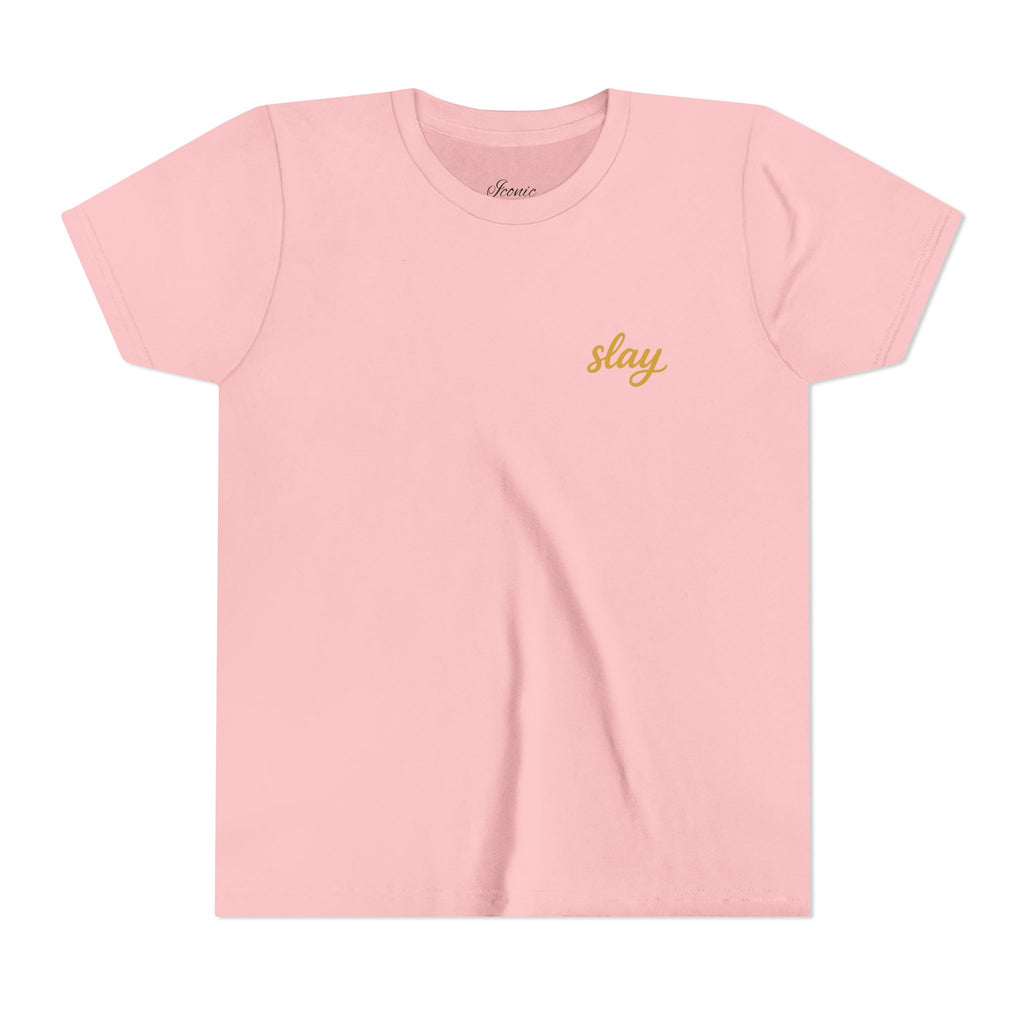 Front · Pink · Iconic Script Tee | 'slay' chest text, 'Iconic' back design, youth t-shirt