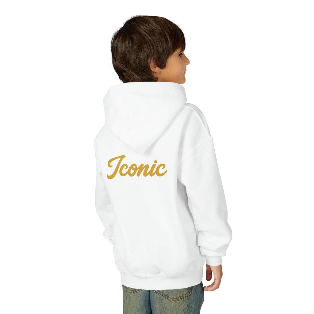 Back on model · White · Youth Hoodie - Pink Satin Bow Front with "Iconic" Gold Script Back