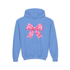 Front · Carolina Blue · Youth Hoodie - Pink Satin Bow Front with "Iconic" Gold Script Back