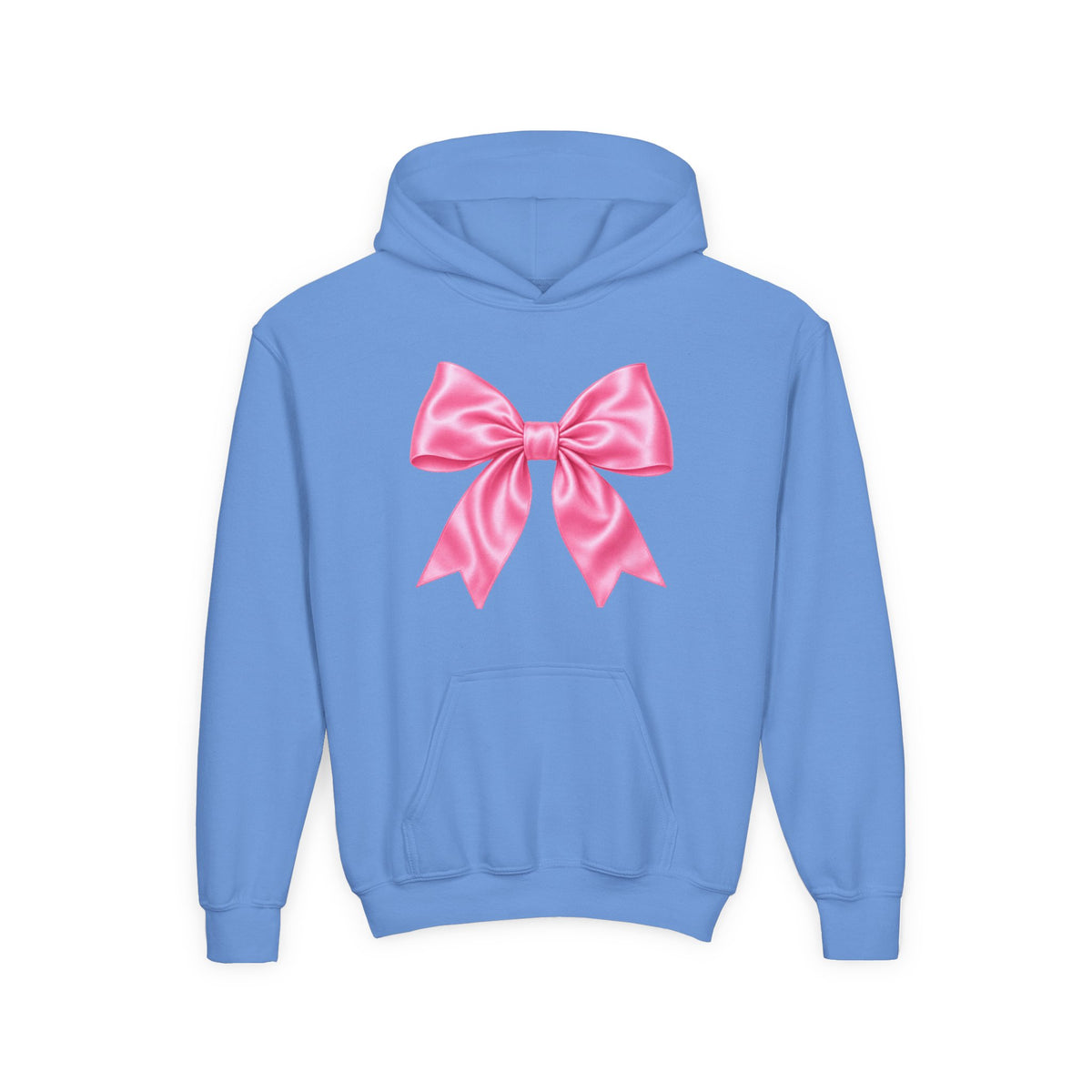 Front · Carolina Blue · Youth Hoodie - Pink Satin Bow Front with "Iconic" Gold Script Back