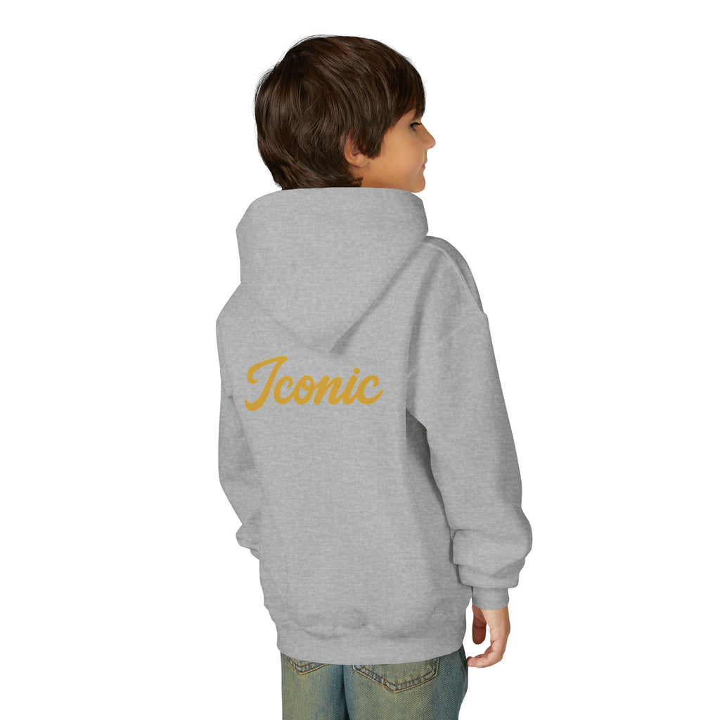 Back on model · Sport Grey · Youth Hoodie - Pink Satin Bow Front with "Iconic" Gold Script Back
