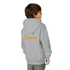 Back on model · Sport Grey · Youth Hoodie - Pink Satin Bow Front with "Iconic" Gold Script Back