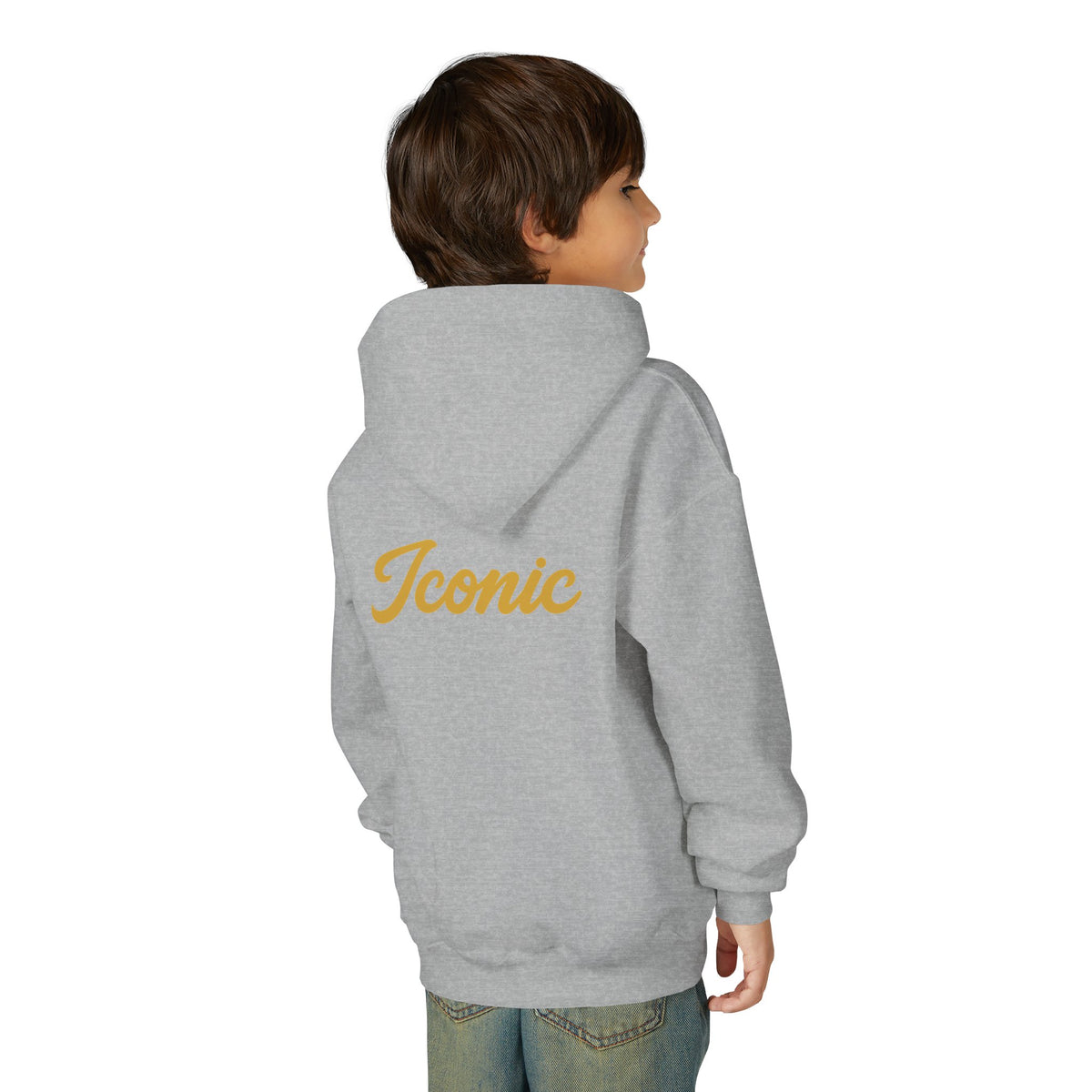 Back on model · Sport Grey · Youth Hoodie - Pink Satin Bow Front with "Iconic" Gold Script Back