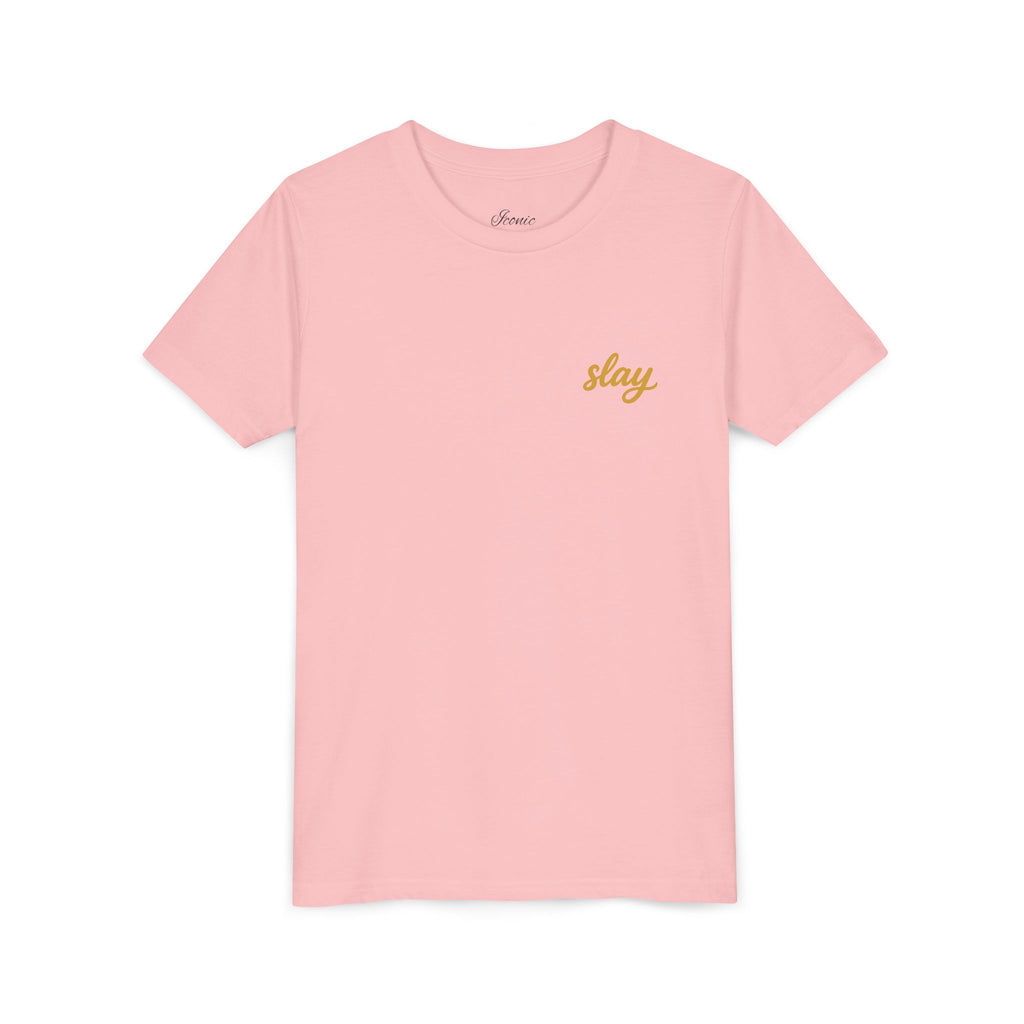 Front · Pink · Iconic Script Tee | 'slay' chest text, 'Iconic' back design, youth t-shirt