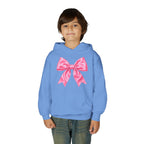 Front on model · Carolina Blue · Youth Hoodie - Pink Satin Bow Front with "Iconic" Gold Script Back