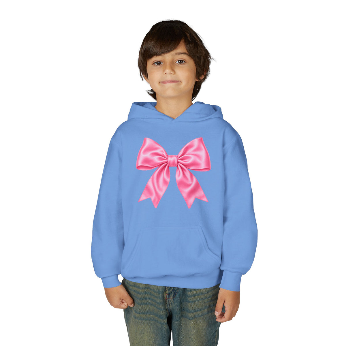 Front on model · Carolina Blue · Youth Hoodie - Pink Satin Bow Front with "Iconic" Gold Script Back