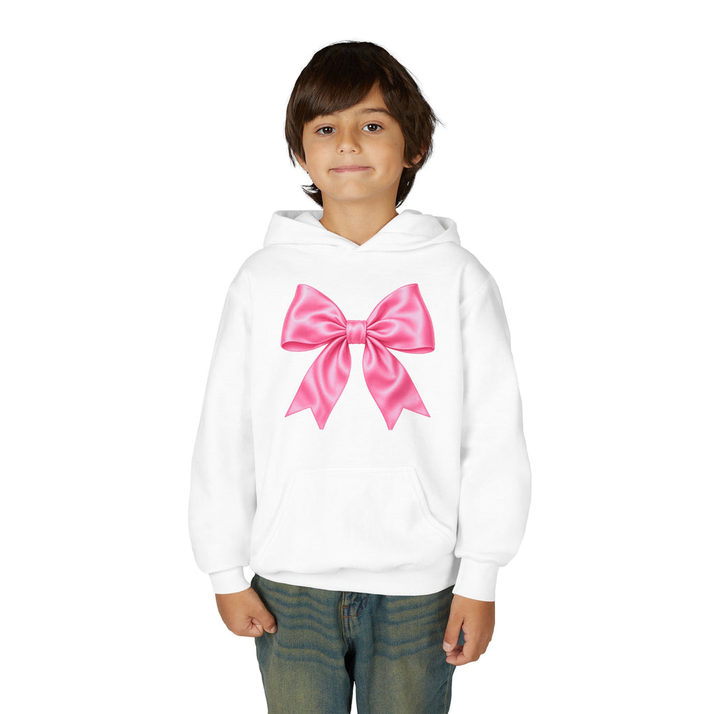 Front on model · White · Youth Hoodie - Pink Satin Bow Front with "Iconic" Gold Script Back