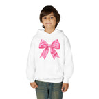 Front on model · White · Youth Hoodie - Pink Satin Bow Front with "Iconic" Gold Script Back
