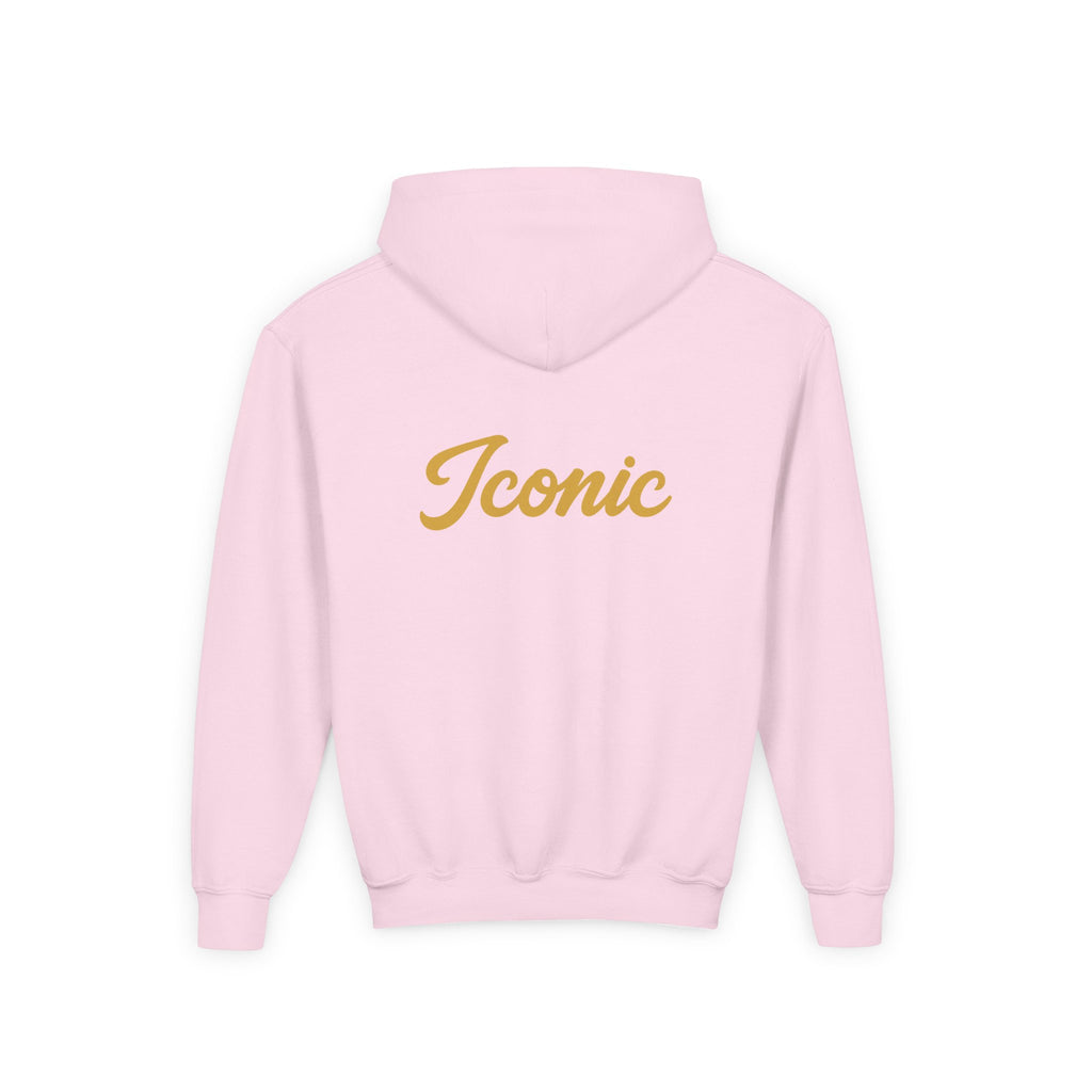 Back · Light Pink · Youth Hoodie - Pink Satin Bow Front with "Iconic" Gold Script Back