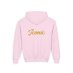 Back · Light Pink · Youth Hoodie - Pink Satin Bow Front with "Iconic" Gold Script Back