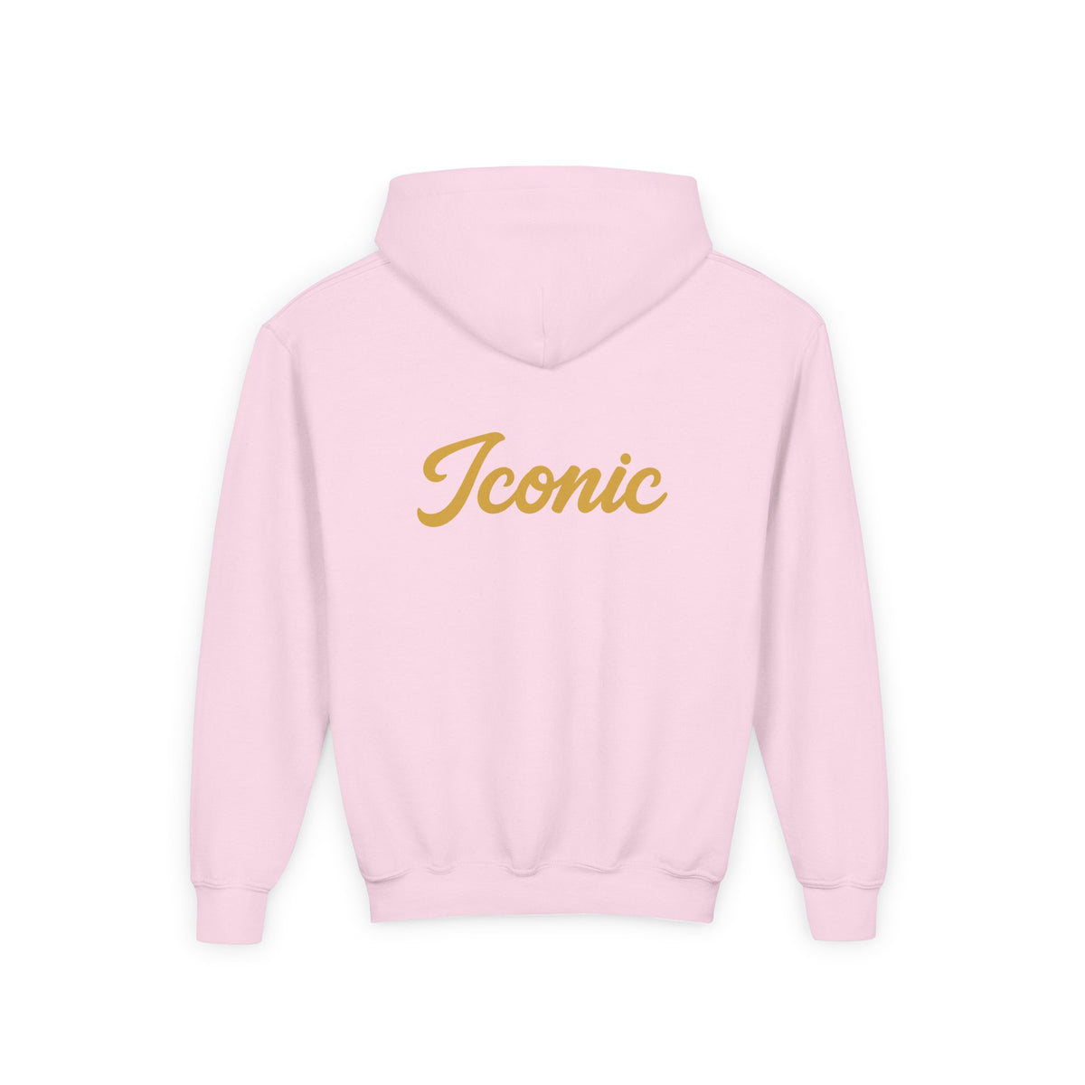 Back · Light Pink · Youth Hoodie - Pink Satin Bow Front with "Iconic" Gold Script Back