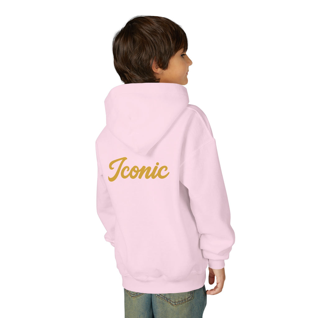 Back on model · Light Pink · Youth Hoodie - Pink Satin Bow Front with "Iconic" Gold Script Back